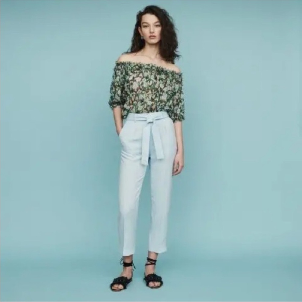Maje Palizane Cropped Belted Twill Straight Pants High Rise Sky Blue Ciel Bleu